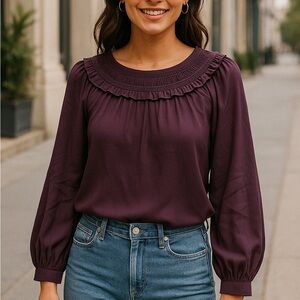 LOFT Plum Purple Women’s Small Smocked Ruffle Neck Long Sleeve Blouse